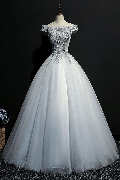 GRAY TULLE LACE OFF SHOULDER LONG PROM DRESS, GRAY EVENING DRESS cg1788