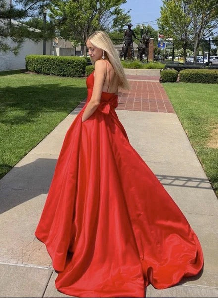 Red Satin V Neck Long Simple Prom Dress Red Evening Dress   cg17880