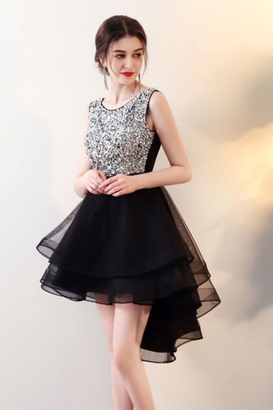 high low black party dress with silver sequins top homecoming dress party dress    cg17933