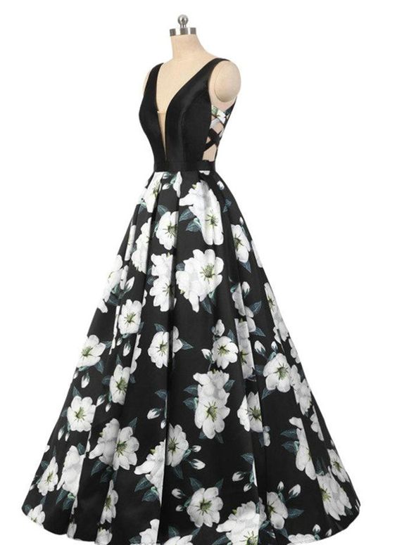 Black And White New 3D Floral Print Long Prom Dress, Evening Dress cg1804