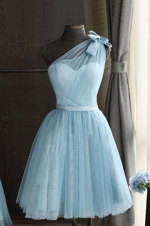 Baby blue tulle one shoulder short homecoming dress, bowknot party dress  cg1809