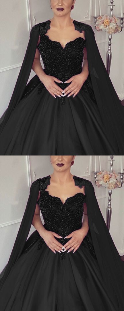 Unique black wedding dress with beaded corset and cape back prom dress   cg18101