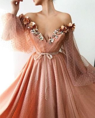 Sexy Off the Shoulder V Neck Long Prom Dress | Chich Tulle Beading Long Sleeves Prom Dress   cg18144