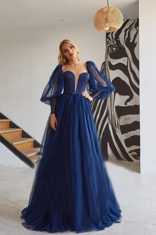 Elegant A Line Tulle Princess Simple Prom Dress, Long Dark Blue Evening Dress   cg18160