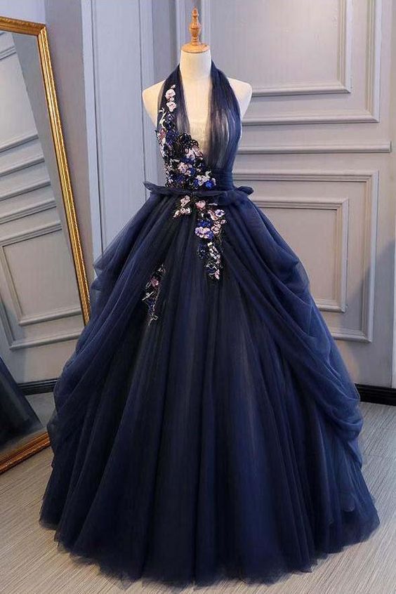 Ball Gown Blue Tulle Lace Long Prom Dresses Deep V Neck Backless Evening Dresses  cg1820
