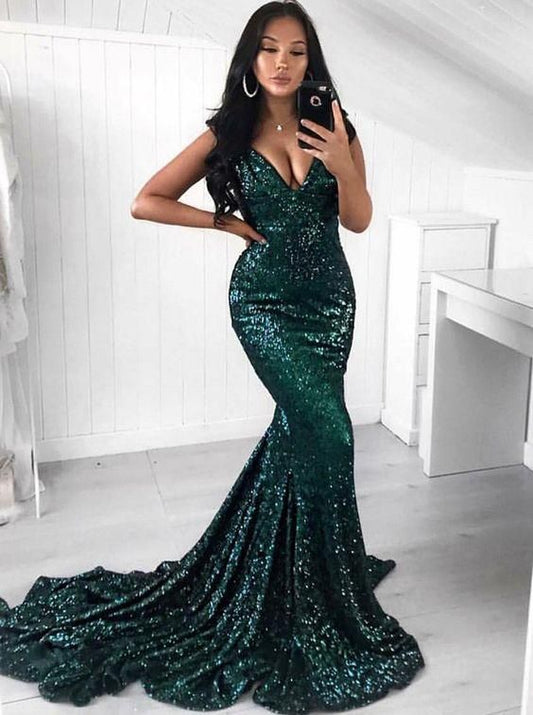 Mermaid Sweep Train V-Neck Green Sequined Prom Dress  cg1821