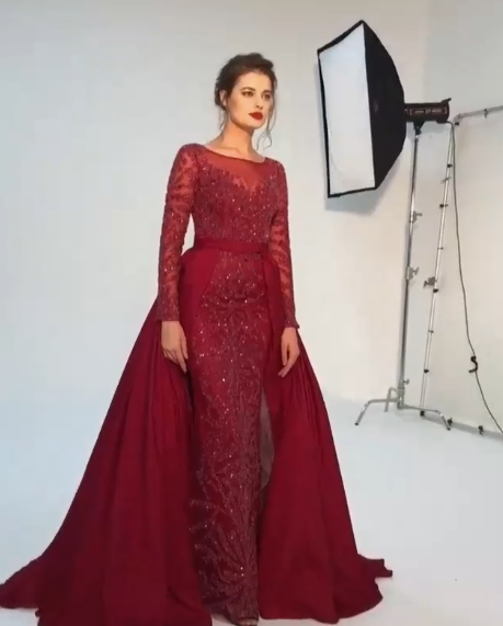 sexy Sheer Long Sleeve Burgundy Evening Dresses Prom Dress   cg18213