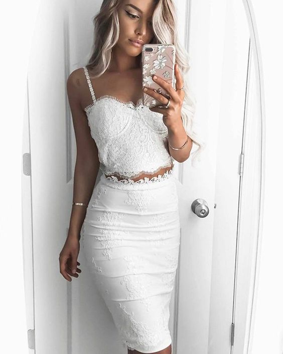 Two Piece Square Lace Bodice Knee Length White Graduation Dress Prom Dress, Formal Gown    cg18241