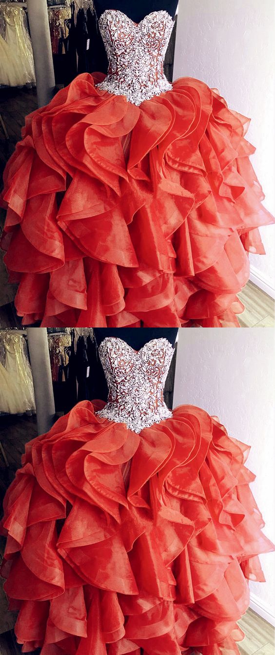 Unique Orange Quinceanera Dresses Crystal Beaded Sweetheart Corset Organza Ruffles Prom Dress   cg18251