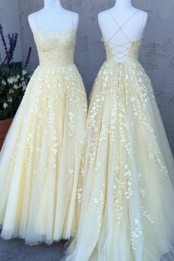 Yellow lace long A line prom dress evening dress   cg18265