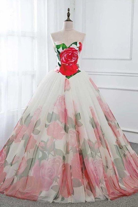 Ball Gown Floral Satin Long Tulle Evening Dresses with Lace up, Sweetheart Red Prom Dresses   cg18274