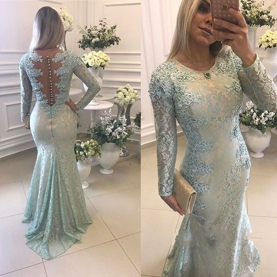 Appliques Long Sleeve Mermaid Evening Dress, Formal Evening Gowns, Lace Long Prom Dresses   cg18275