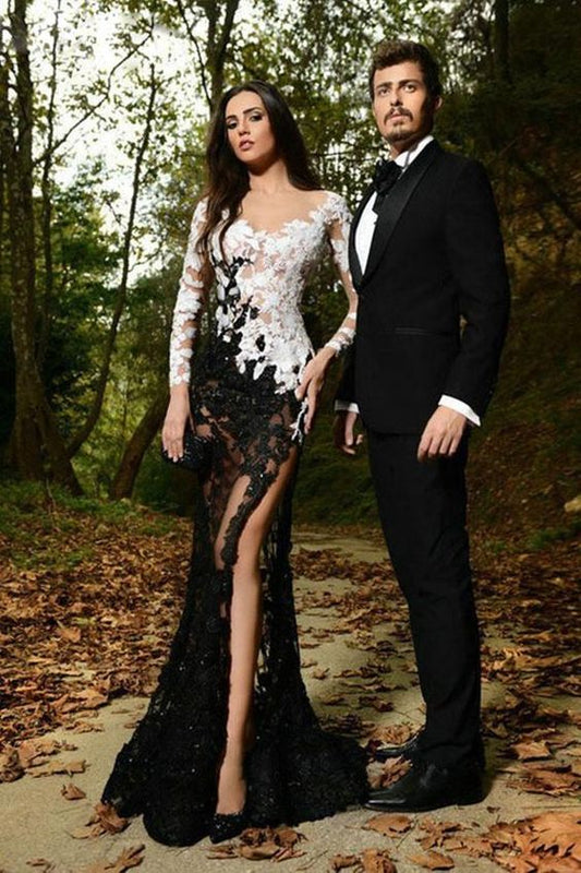 White Black Lace Mermaid Long Sleeves Sexy Prom Dresses Evening Dress cg1828