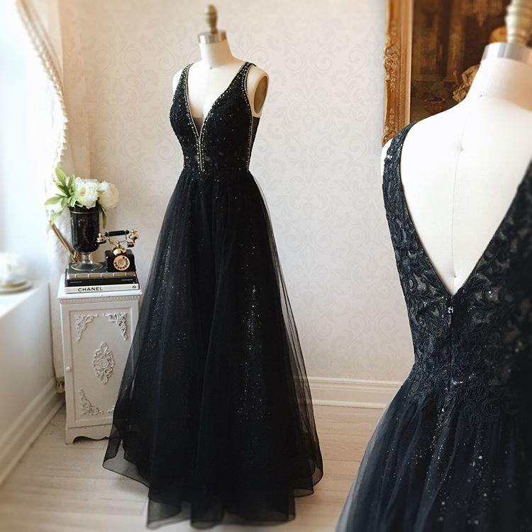 V-neck Black Floor Length Long Prom Dresses Modest Party Gowns   cg18295
