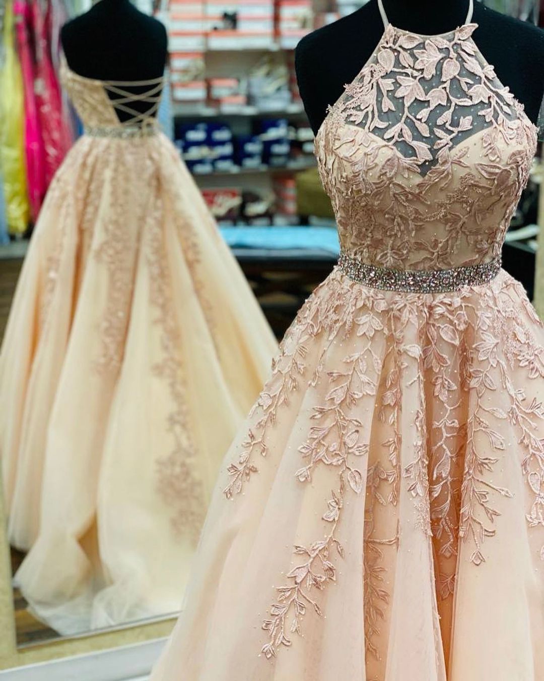 Halter Pink Lace Appliques Tulle Long Prom Dress   cg18300