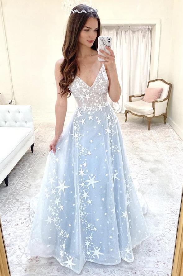 Blue v neck tulle long prom dress blue evening dress   cg18301