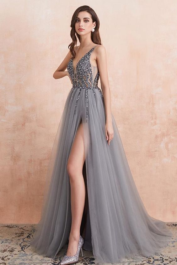 Prom Dress sexy beaded A-line grey tulle long formal dress with side slit   cg18338