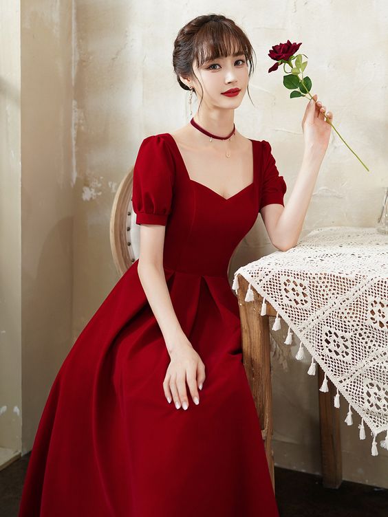 Burgundy party dress, short sleeve midi dress,satin homcoming dress   cg18626