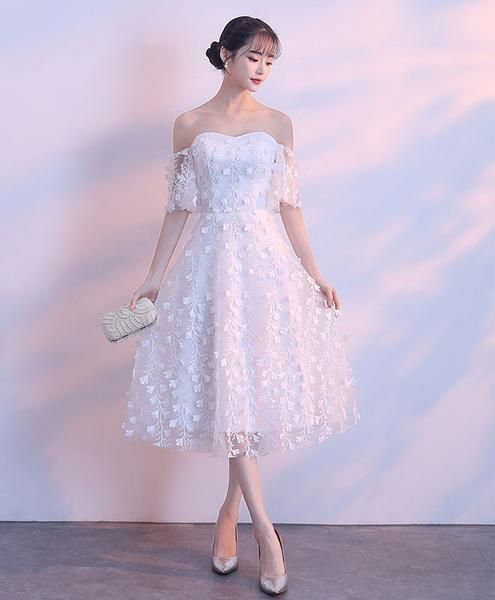 White lace sweetheart short dress, white homecoming dress cg1871