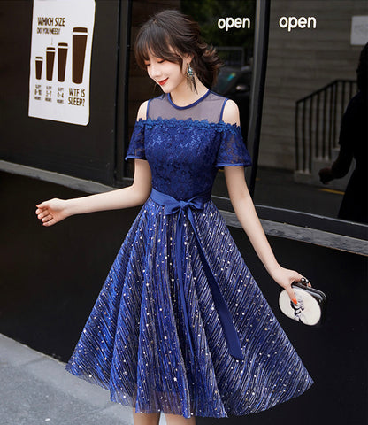 BLUE LACE SHORT PROM DRESS A LINE EVENING DRESS     cg18885