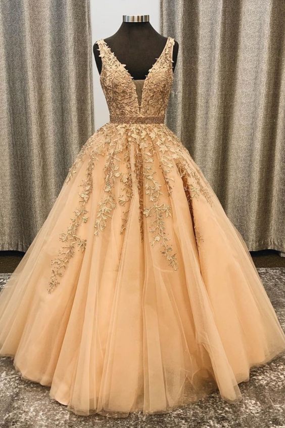 Classic A-line Gold Long Prom Dress Formal Dress with Lace Appliques and Beaded Bodice   cg18891