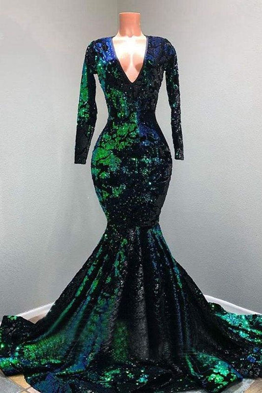 Sparkly Sequin Long Sleeve V-neck Mermaid Prom Dresses   cg18922