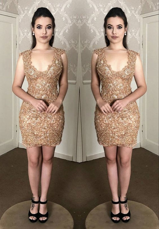 Elegant gold lace short homecoming dresses    cg18936