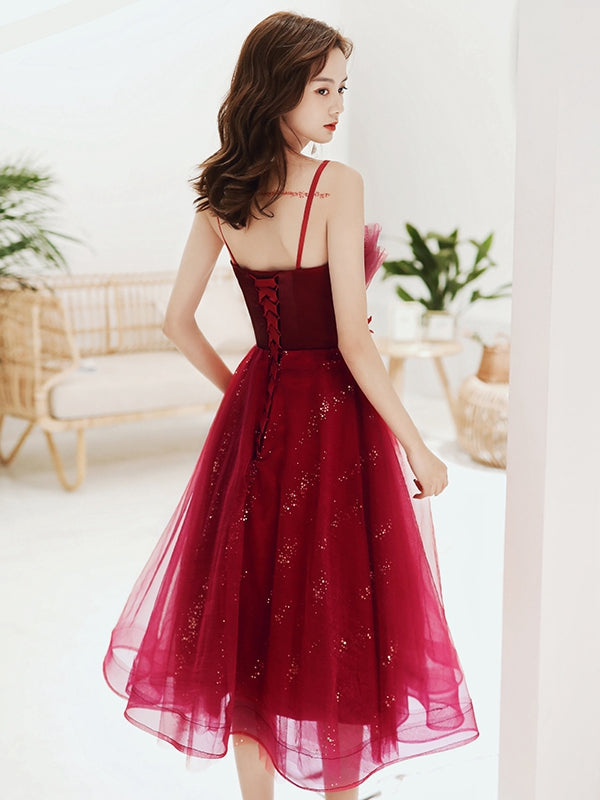 Burgundy lace sequins short homecoming dress   cg19027