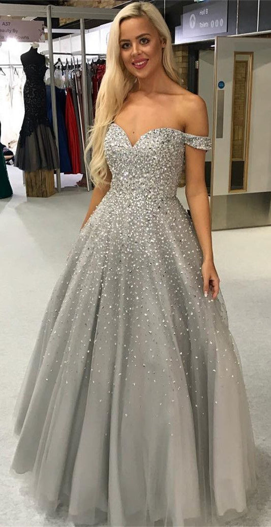 Tulle Off-the-shoulder A-line evening prom Dresses  cg1907