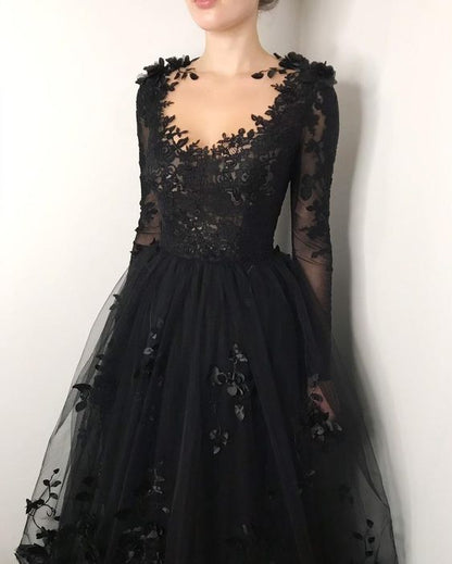 Black floral gothic wedding dress, black flower tulle lace dress, alternative bridal gown prom dress long formal gowns    cg19132