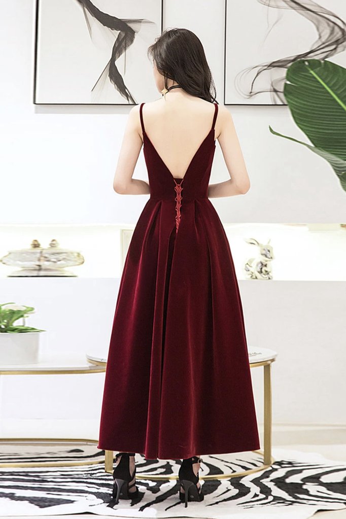 Wine Red Velvet Straps V-Neckline Party Dress, Long Burgundy Prom Dress Evening Dress    cg19160