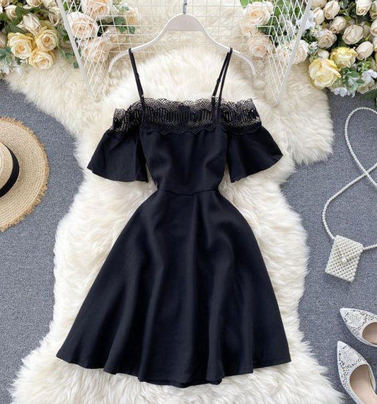 Cute black lace short dress A line off shoulder dress Homecoming Dresses   cg19194