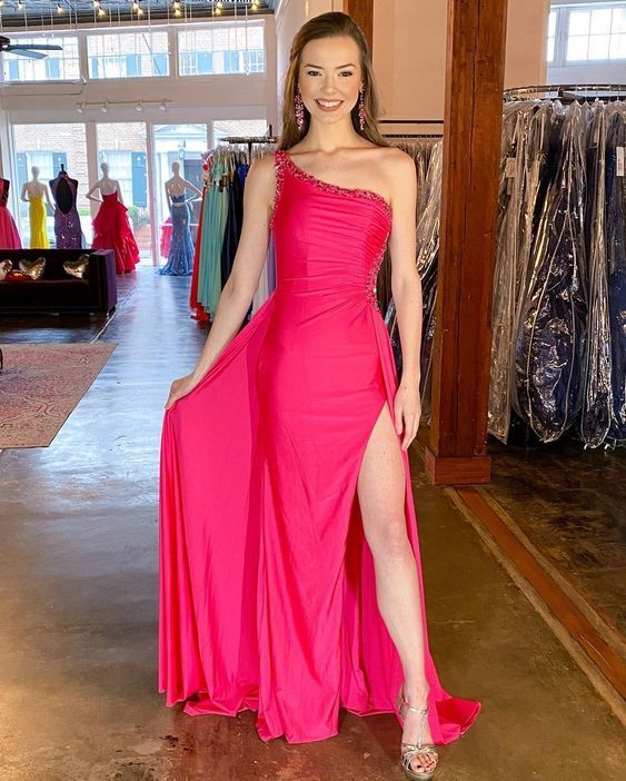 Sexy Sheath One Shoulder Split Fuchsia Elastic Satin Prom Dresses with Beading    cg19240