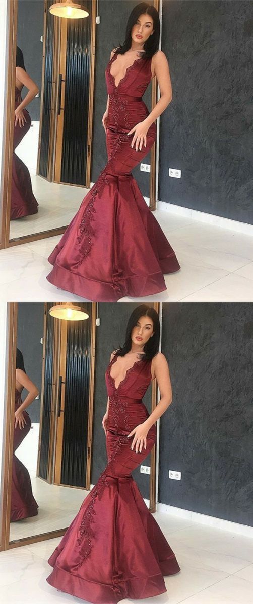 Burgundy Mermaid Prom Dresses, Unique Deep V Neck Evening   cg19484