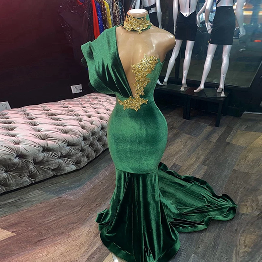 Emerald Green Evening Dresses High Neck Appliques Gold Lace Mermaid Prom Dresses Sexy Formal Velvet Party Gowns    cg19494