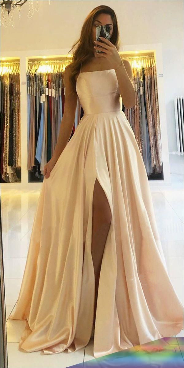 A-line Scoop Stretch Satin High Split Long Simple Prom Dress Formal Evening Gowns    cg19884