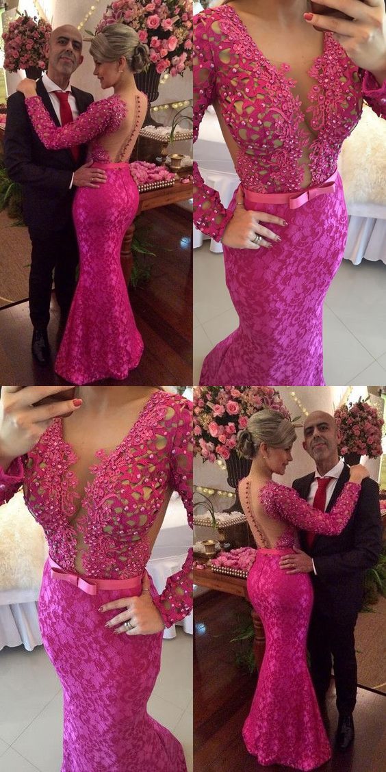 Gorgeous Fuchsia Prom Dress, Beading Appliques Bodice Prom Dress, Sexy V Neckline Evening Dress    cg20075