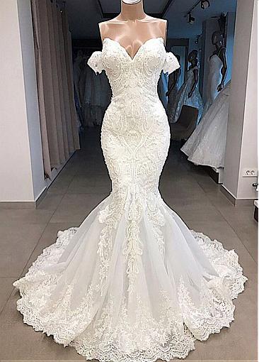 Gorgeous Tulle Off-the-shoulder Neckline Mermaid Wedding Dresses With Beaded Lace Appliques Prom Dress    cg20311
