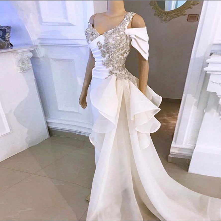 White Elegant Mermaid Prom Dresses Shiny Crystal Rhinestone Long Prom Gowns Tulle Ruffles Flowing Ribbon   cg20394