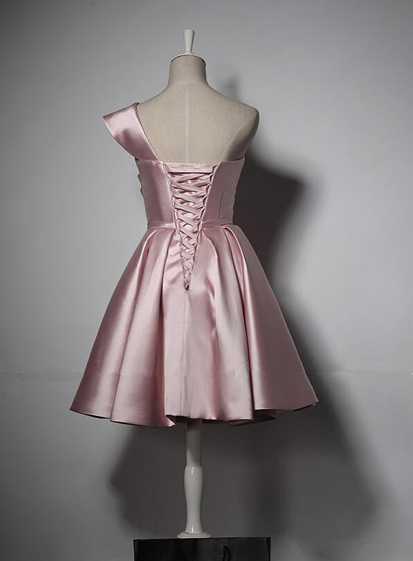 Lovely Simple One Shoulder Pink Bridesmaid Dress, Pink Satin Homecoming Dress    cg20404