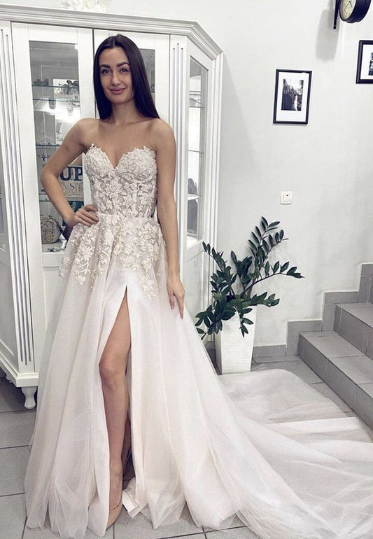 Sweetheart Tulle Prom Dress Appliques Long Wedding Dress     cg20470