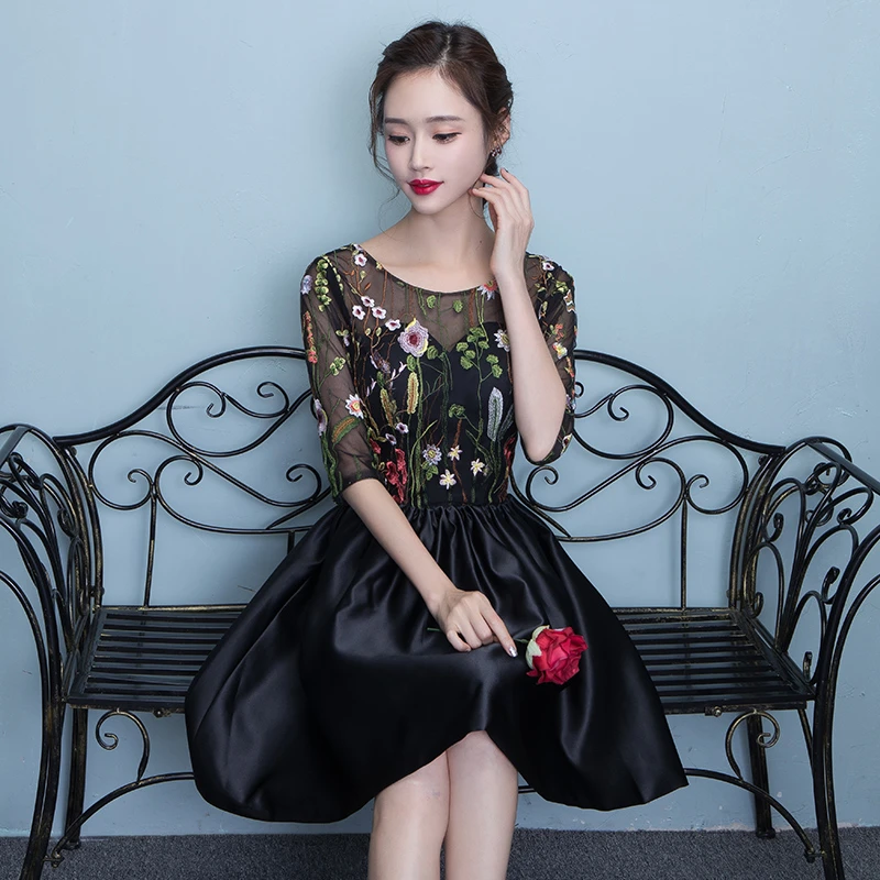 Black Floral Lace Short Sleeves Homeocming Dress, Back Party Dress Wedding Party Dress   cg20523