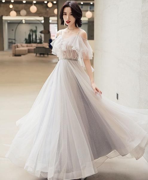 Elegant off shoulder tulle long prom dress, tulle evening dress cg2055