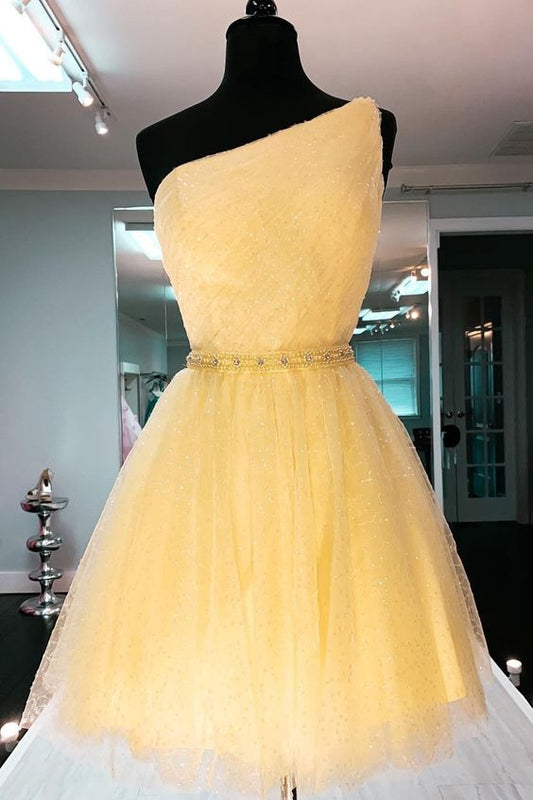 princess short one shoulder yellow party dress homecoming dress    cg20551