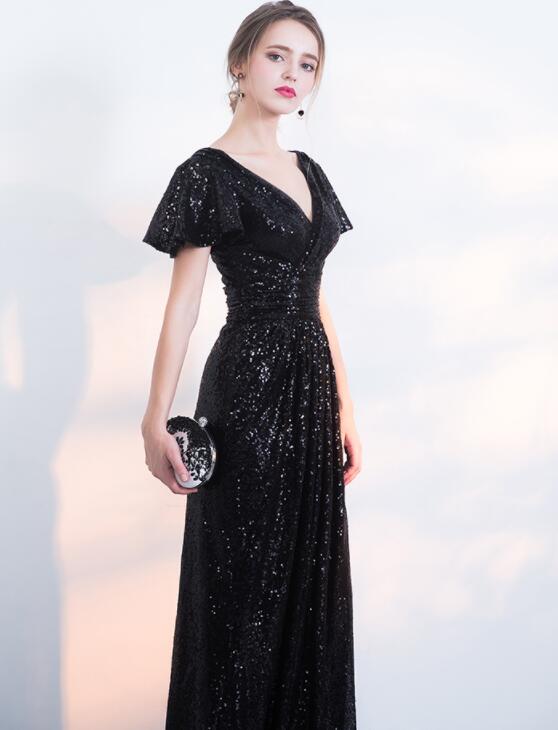 Black Sequins Cap Sleeves Long V-Neckline Bridesmaid Dress, Sequins Junior Prom Dress    cg20825