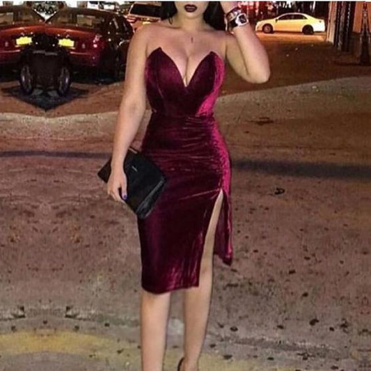 Sexy Deep V Pure Colour Velvet Slit Slim Evening Dress Prom Dress    cg20896