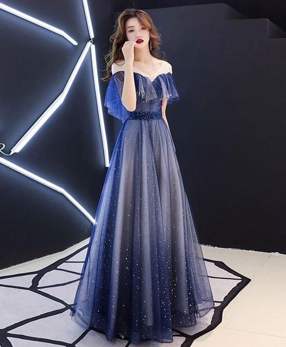 Blue v neck tulle long prom dress, blue tulle evening dress cg2092