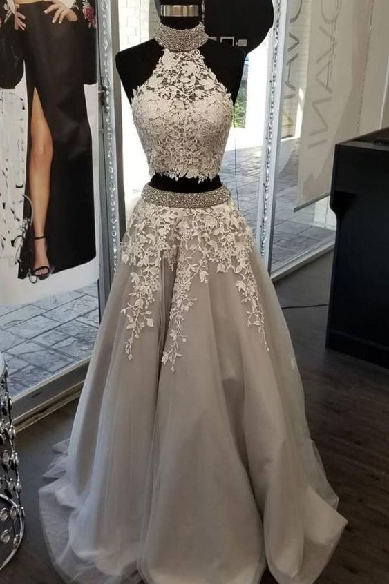 Gray tulle lace sequin beads long prom dress, gray evening dress cg2098