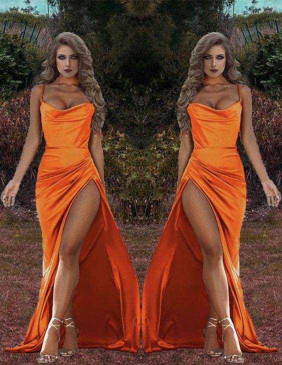 Amazing Mermaid satin orange Bridesmaid dresses leg split spaghetti straps with cowl neck prom dress, evening dress    cg21056