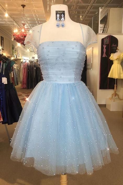 Cute Light Sky Blue Homecoming Dresses with Cap Sleeves cg2122